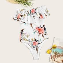 Romwe Random Flounce Open Back Floral One Piece Swimsuit