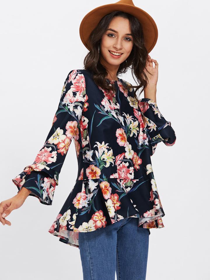Romwe Fluted Sleeve Ruffle Dip Hem Blouse