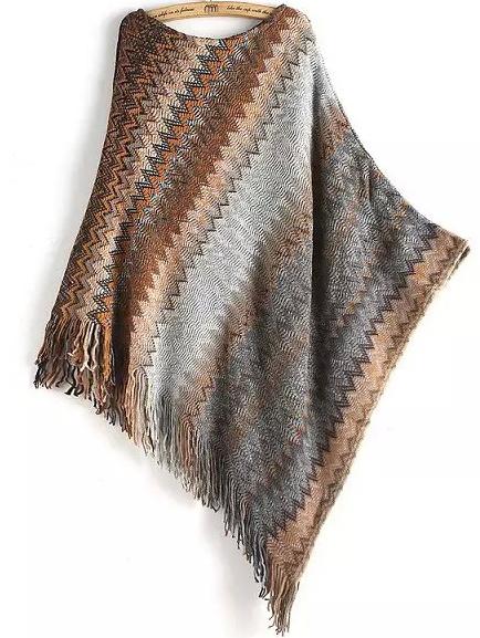 Romwe Round Neck Tassel Loose Multicolor Cape