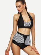 Romwe Black Striped Ruffled Halter Neck Bikini Set