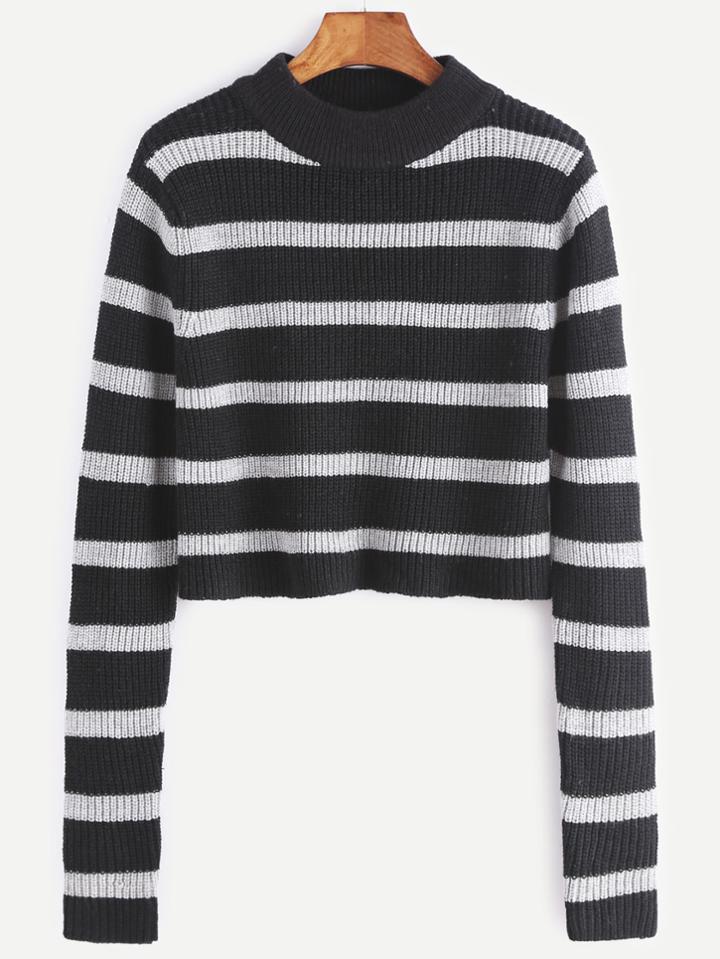 Romwe Black And White Striped Crop Sweater
