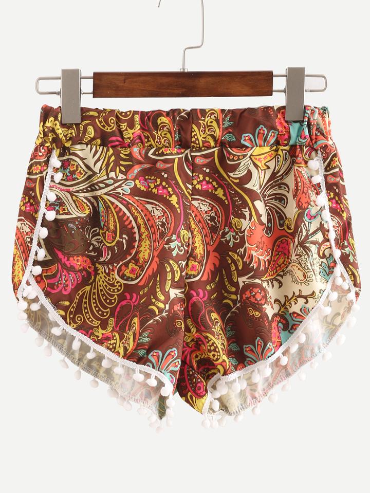 Romwe Elastic Waist Paisley Print Pom Pom Shorts