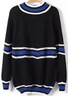 Romwe Stand Collar Striped Loose Black Sweater
