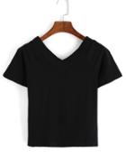 Romwe V Neck Crop Black T-shirt