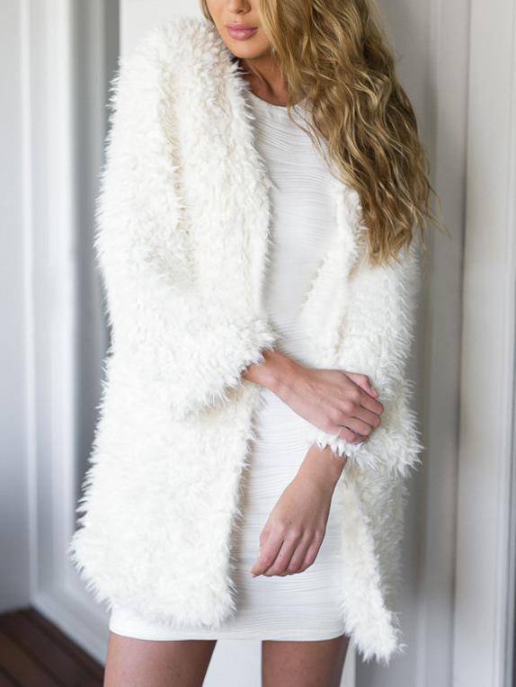 Romwe Faux Shearling Long White Coat