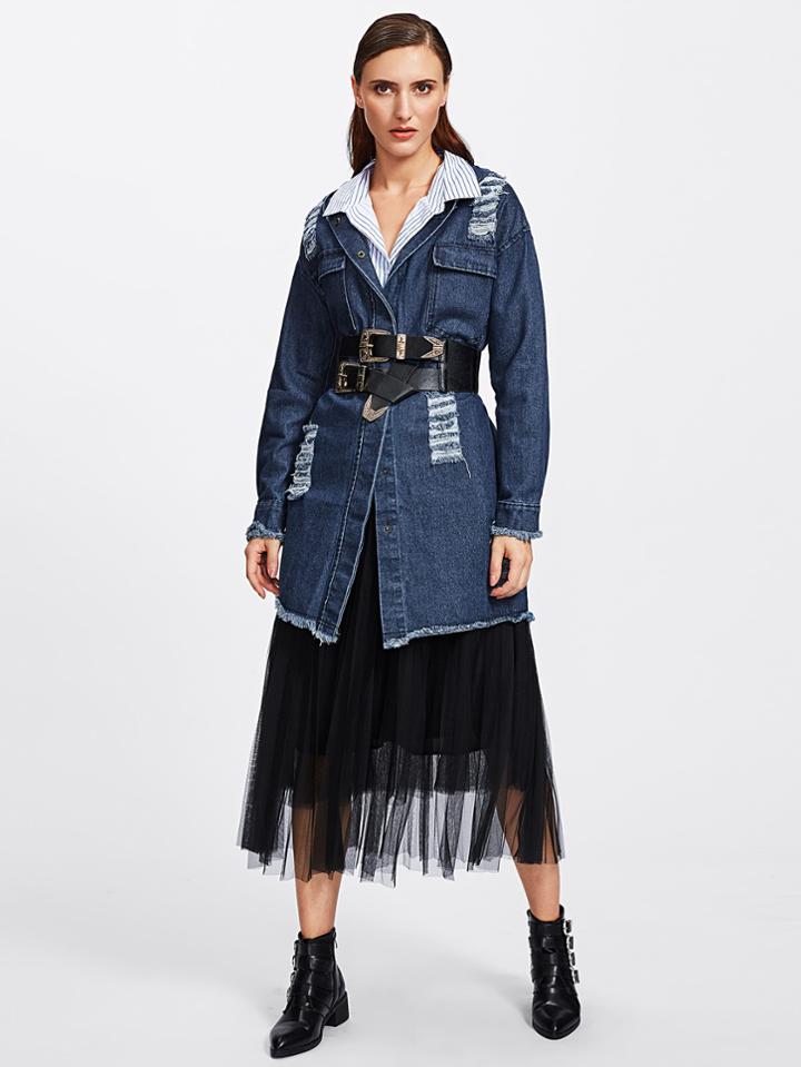 Romwe Frayed Hem Ripped Denim Coat