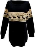 Romwe Deer Print Long Black Sweatshirt