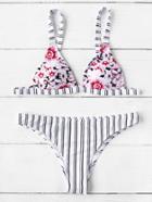 Romwe Vertical Striped & Flower Print Triangle Bikini Set