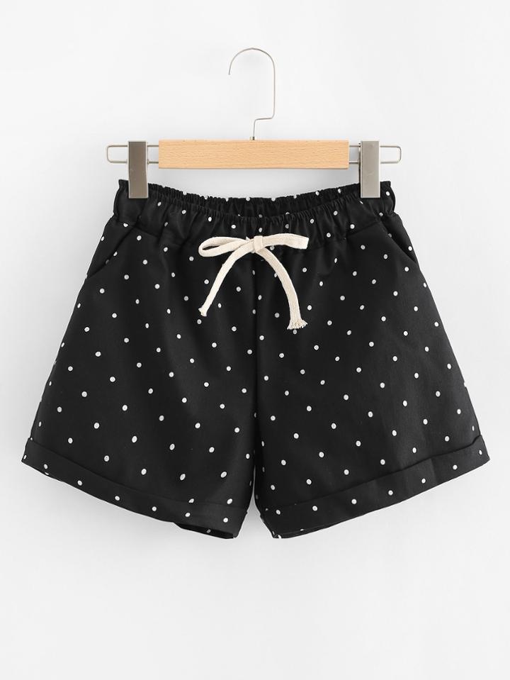 Romwe Drawstring Waist Polka Dot Shorts