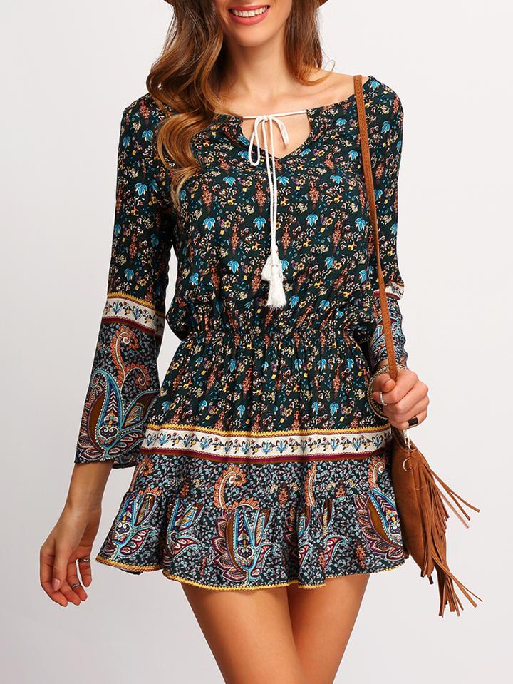 Romwe Bell Sleeve Paisley Print Lace Up Dress