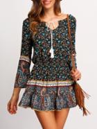 Romwe Bell Sleeve Paisley Print Lace Up Dress