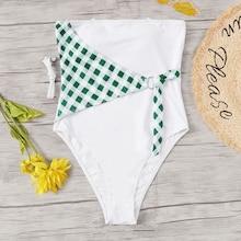 Romwe Gingham Tie Front Bandeau One Piece Swimsuit