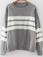 Romwe Grey Striped Ribbed Trim Drop Shoulder Sweater