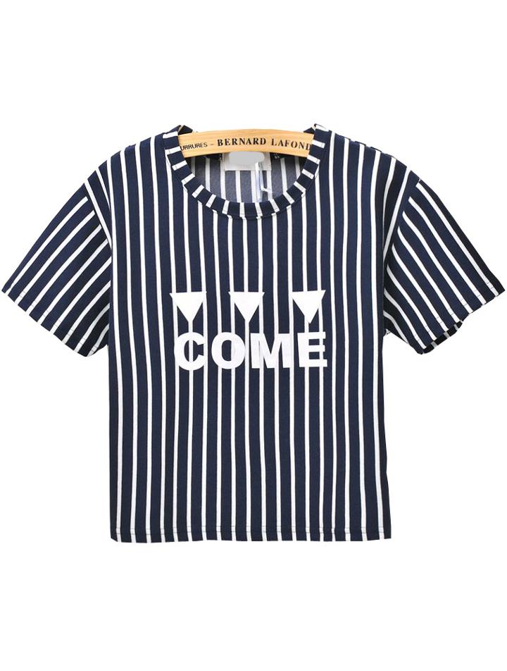 Romwe Vertical Stripe Come Print Navy T-shirt
