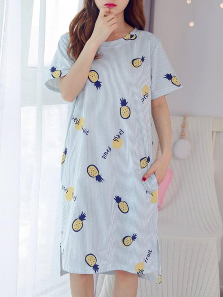 Romwe Cartoon Print Striped Night Dress