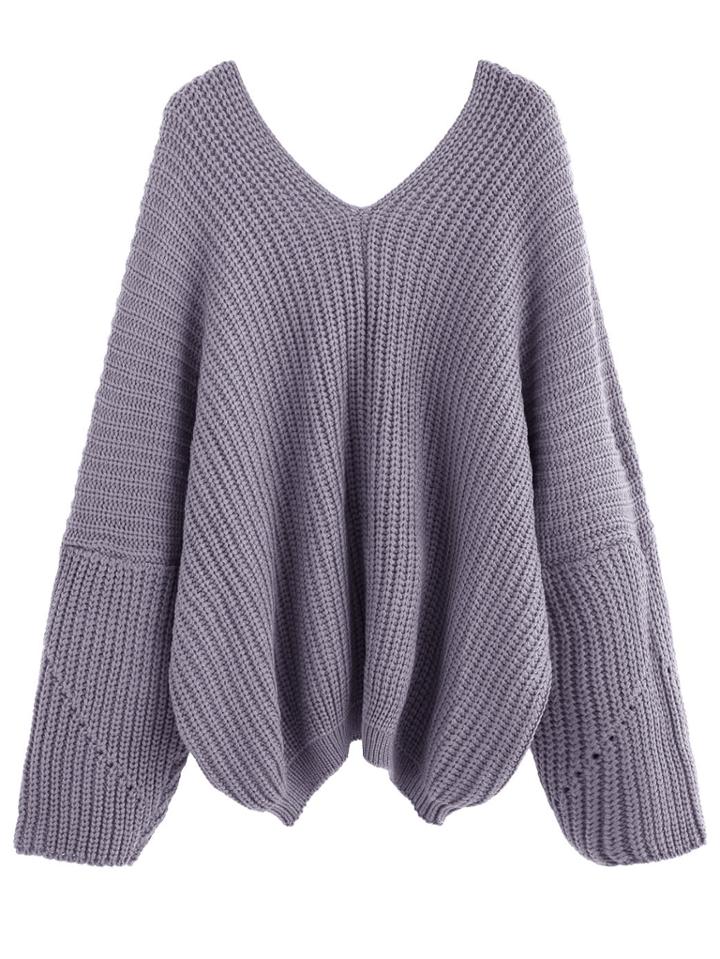 Romwe Light Purple V Neck Dropped Shoulder Seam Sweater