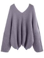 Romwe Light Purple V Neck Dropped Shoulder Seam Sweater