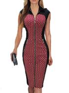 Romwe Lapel Zipper Polka Dot Slim Dress