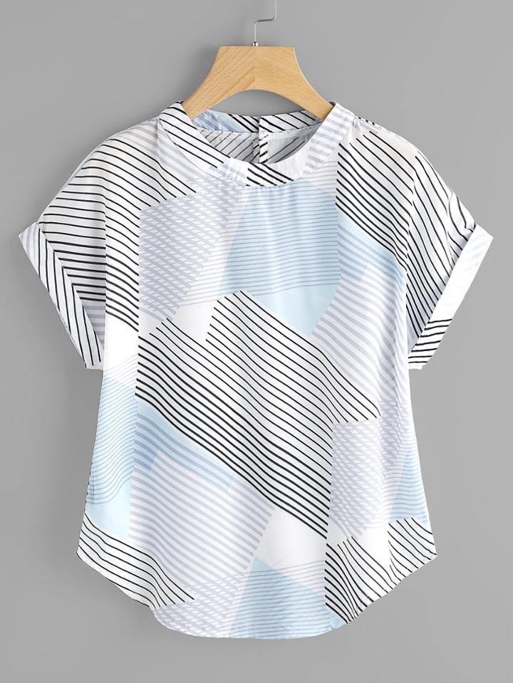Romwe Abstract Striped Curved Hem Cuffed Blouse