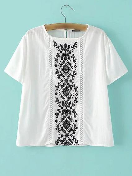Romwe White Embroidery Key Hole T-shirt