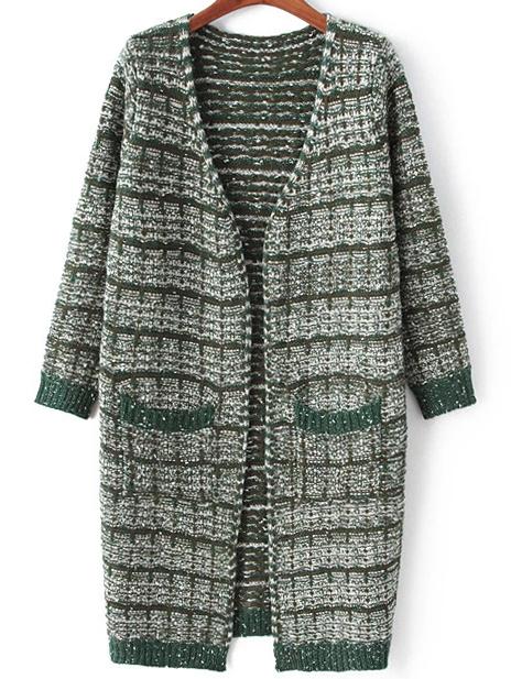Romwe Striped Long Green Coat Sweater With Pockets