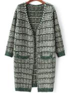 Romwe Striped Long Green Coat Sweater With Pockets