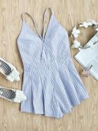 Romwe Surplice Front Crisscross Back Pleated Striped Playsuit
