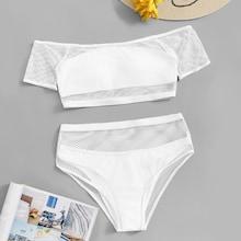 Romwe Fishnet Bardot Top With High Waist Bikini Set