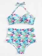 Romwe Calico Print High Waist Bikini Set