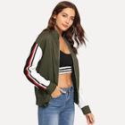 Romwe Drop Shoulder Striped Sleeve Zip Up Sweatshirt