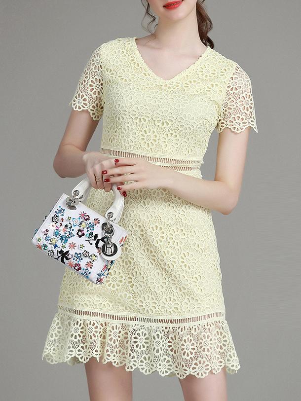 Romwe Yellow V Neck Crochet Hollow Out Dress