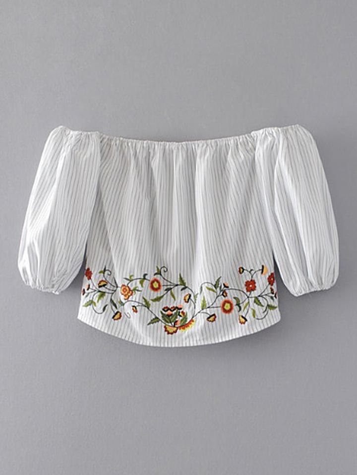 Romwe Bardot Vertical Striped Embroidery Top