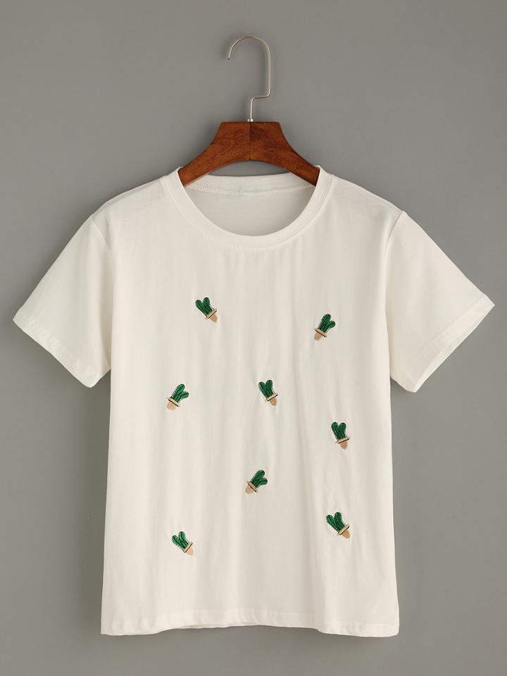 Romwe White Cactus Embroidered T-shirt