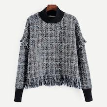 Romwe Fringe Hem Plaid Sweatshirt