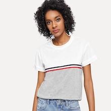 Romwe Roll Up Sleeve Striped Tape Tee