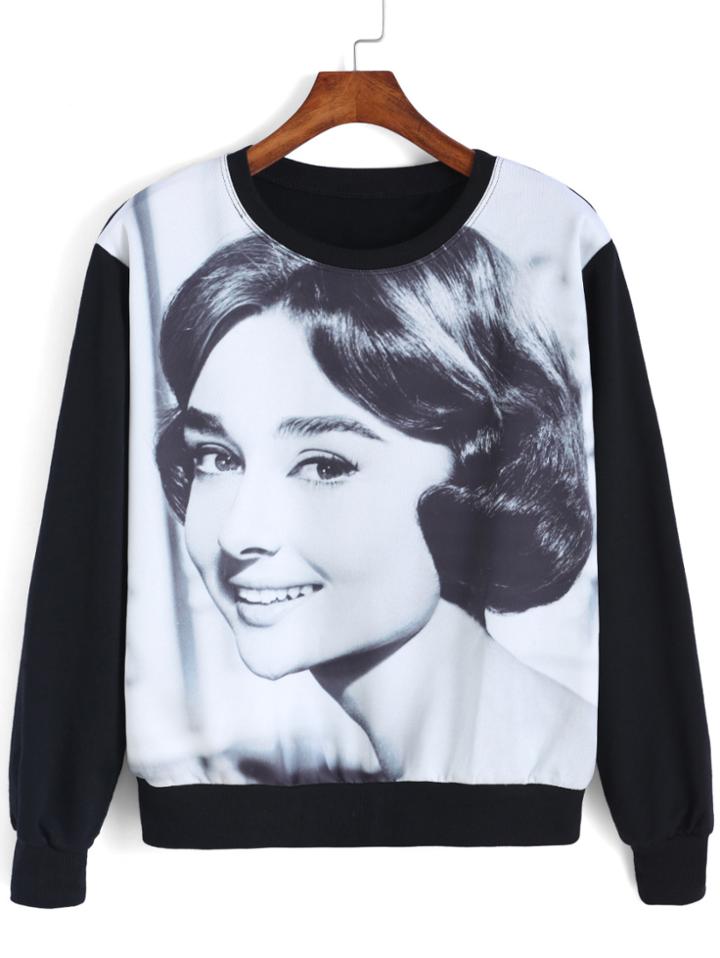 Romwe Audrey Hepburn Print Sweatshirt