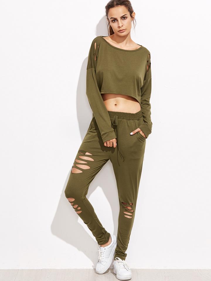 Romwe Drop Shoulder Ripped Dip Hem Top With Drawstring Pants