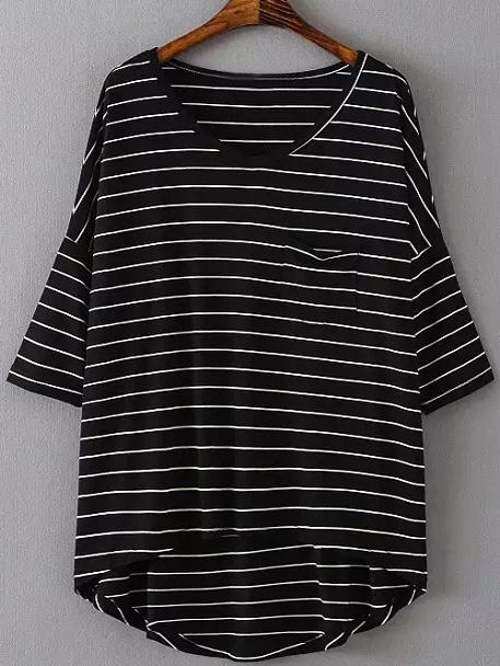 Romwe Black V Neck Dip Hem Pocket Stripe T-shirt