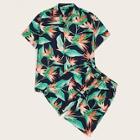Romwe Guys Tropical Print Button Up Shirt & Drawstring Shorts Set