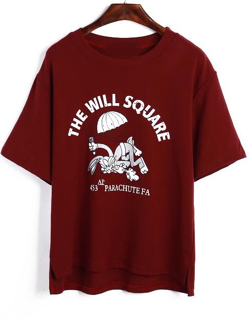 Romwe Rabbit Letter Print Loose Wine Red T-shirt