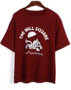 Romwe Rabbit Letter Print Loose Wine Red T-shirt