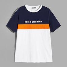 Romwe Guys Slogan Print Color Block T-shirt