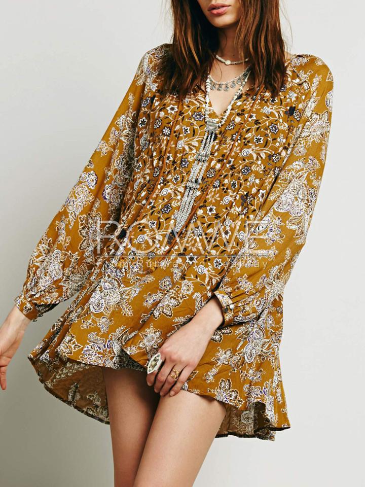 Romwe Yellow Long Sleeve Floral Dress