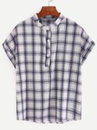 Romwe Band Collar Buttoned Front Navy Plaid Blouse
