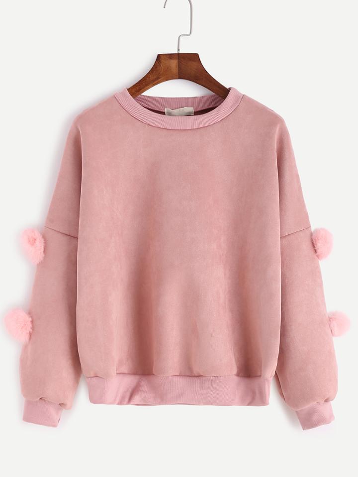 Romwe Pink Suede Drop Shoulder Pom Pom Embellished Sweatshirt