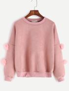 Romwe Pink Suede Drop Shoulder Pom Pom Embellished Sweatshirt