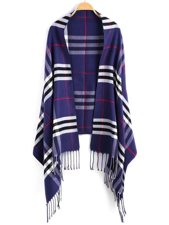 Romwe Plaid Tassel Blue Scarf