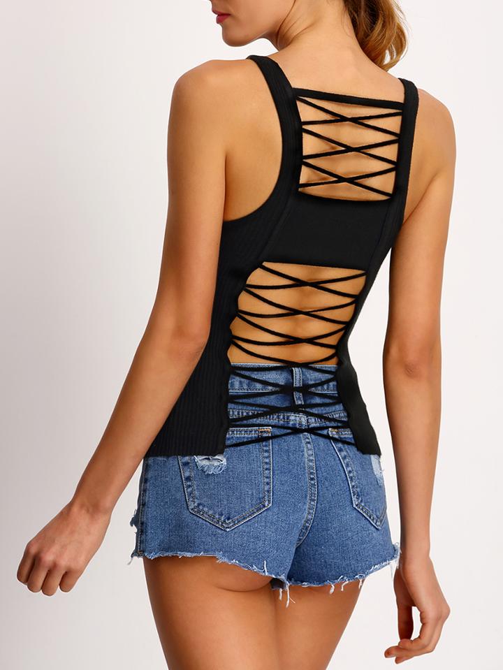 Romwe Black Straps Ribbed Lattice-back Tank Top