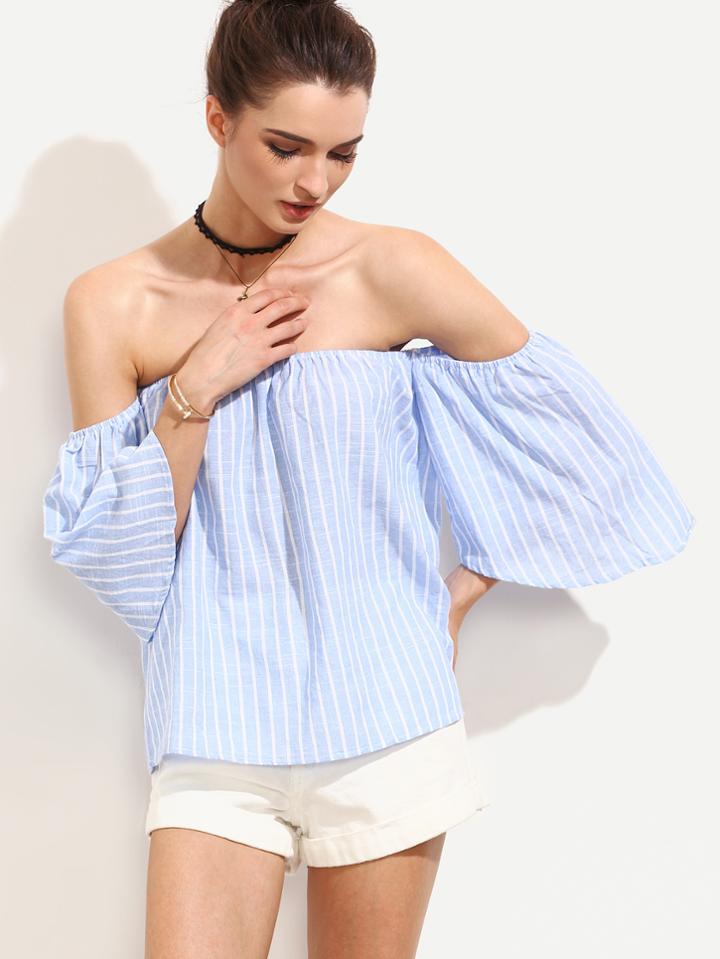 Romwe Blue Vertical Striped Off The Shoulder Blouse