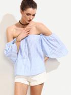 Romwe Blue Vertical Striped Off The Shoulder Blouse